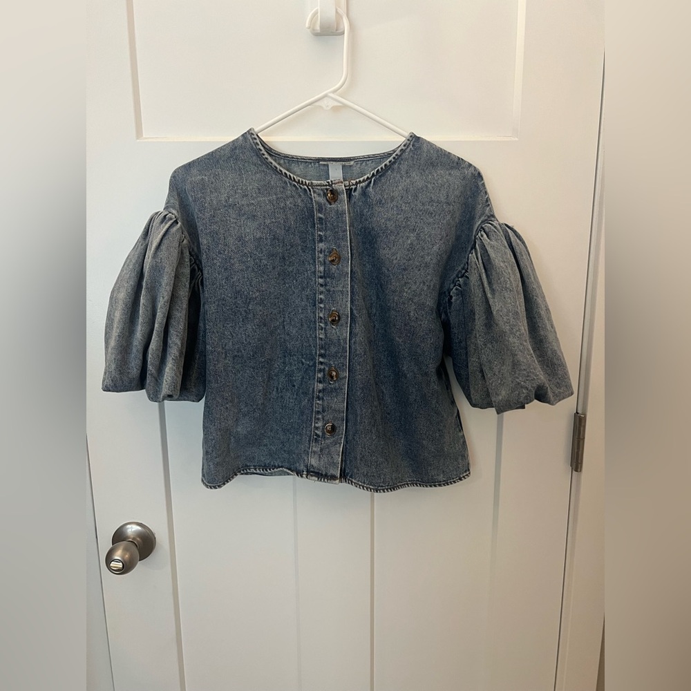 Denim Puff-Sleeve Button Front Top - Blue